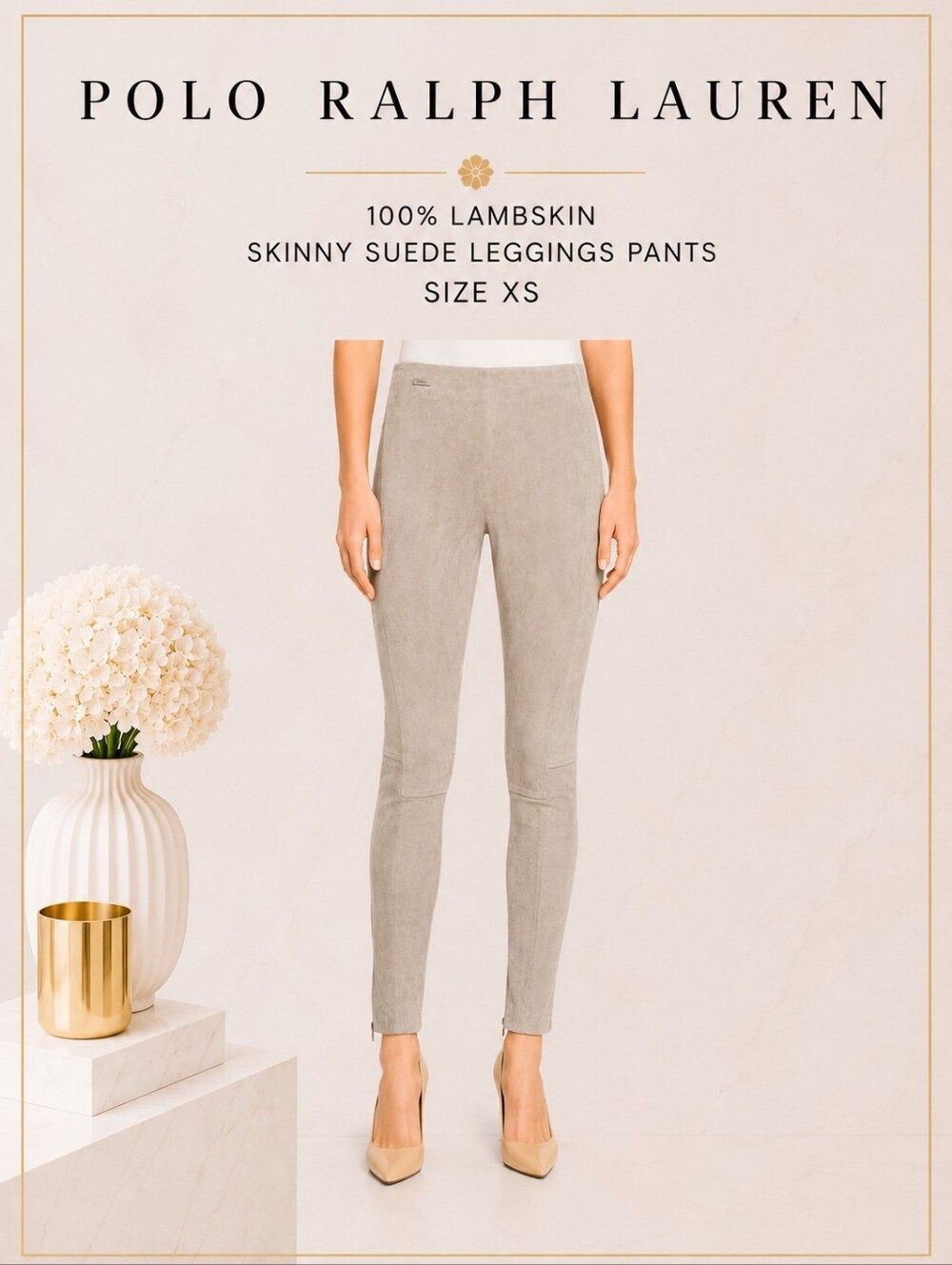 NWT $1,400 Polo Ralph Lauren 100% Lambskin Skinny Suede Leggings Pants  Tan XS